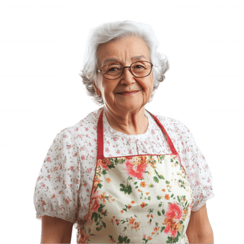 An older woman wearing an apron and glasses png