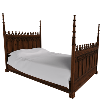 Detailed wooden bed with gothic design in a minimalist setting png