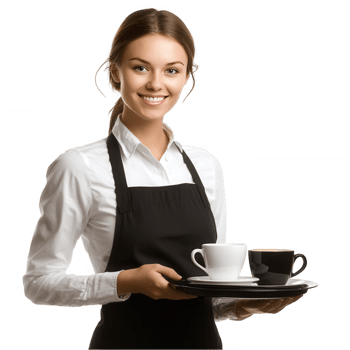 A waitress holding a tray with coffee and a cup png