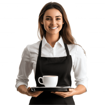 A smiling waitress in a black apron and white shirt png