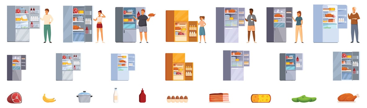 Person open refrigerator icons set. People opening refrigerator, fridge full of food, fresh products icons set vector