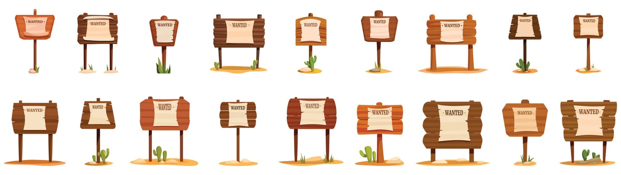 Wanted western sign icons set. Wanted posters on wooden signposts in wild west desert scenery vector