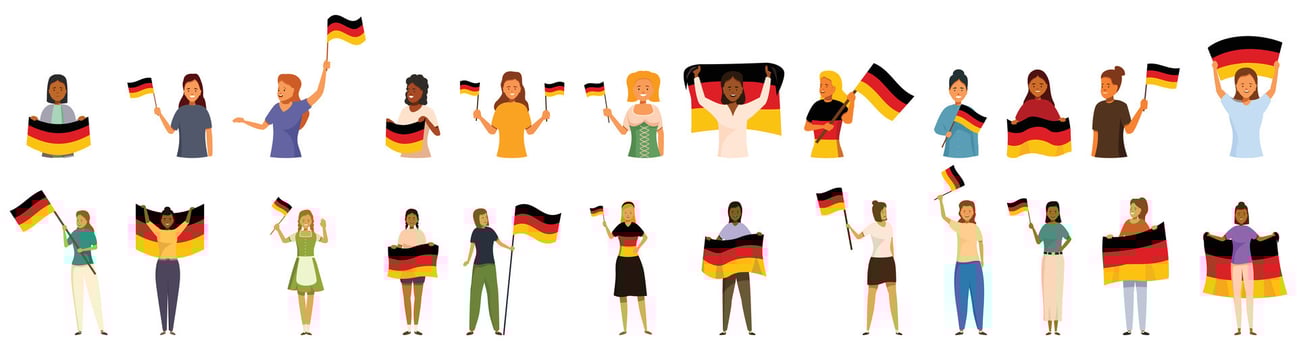 Woman holding germany flag icons set. Crowd of german people waving national flags celebrating national holiday vector