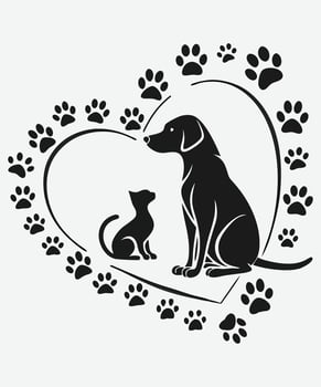 Pet love silhouette of dog and cat with heart and paw prints. vector
