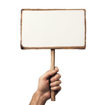 A hand holds a rustic wooden sign with a blank white space png