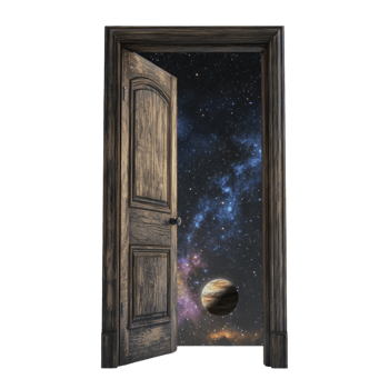 A Wooden Door Opens to Reveal a Starry Cosmos and Planet png