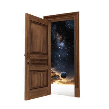 Wooden Door Opens To Reveal A Starry Night Sky And Planet png