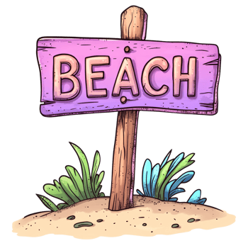 Wooden Beach Sign Post with Plants png