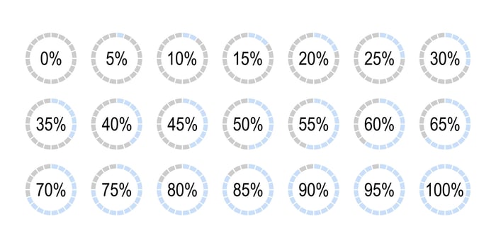 Percentage infographics elements. Blue and gray color fill pie charts indicator template. Circle graph loading progress set. Collection of round diagrams icons for infographics from 0 to 100 percent. vector