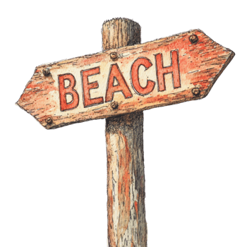 A weathered wooden beach sign points the way png