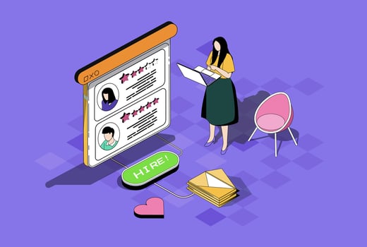 HR process web concept in 3d isometric graphic design. Isometry people scene with woman working as head hunter in company, choosing best candidate with online resume to interview. illustration. vector