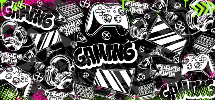 Gaming background illustrations. Retro videogame graphic icon elements in graffiti style vector