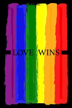Love Wins watercolor flag poster design for celebration of LGBTI rights and parades with rainbow colors. Hand drawn colorful lgbt banner brush strokes. isolated on black background vector