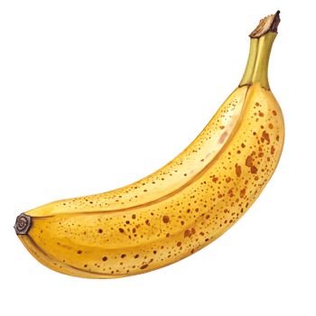 A perfectly ripe banana with a bright yellow peel, featuring natural brown speckles and a soft png