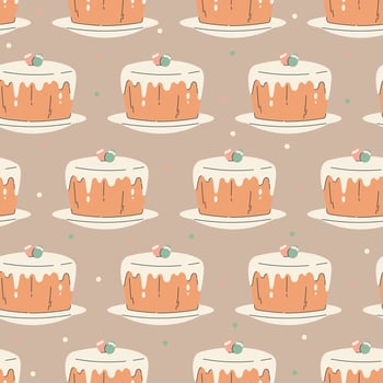 Flat traditional Easter cake with white icing and decorative eggs on top. seamless pattern. Simple design and warm pastel colors create a festive and cozy holiday atmosphere. vector
