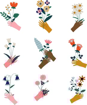 Collection of Female Hands Holding Bunches of Blooming Flowers, Elegant Decorative Floral Design Elements Illustration vector