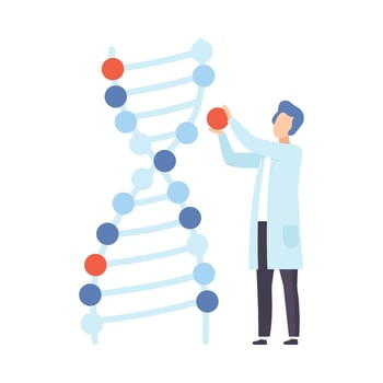 Male scientist next to a chromosome model. illustration. vector
