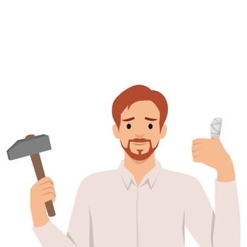 DIY Accident. Man holding hammer and showing a bandaged thumb, injury from working with tools. vector