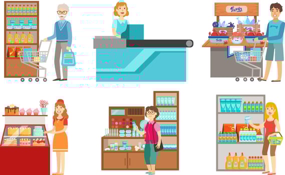 People Shopping at the Supermarket Set, Men and Women Buying Products on Shelves, Shopping Mall Center Interior Illustration vector