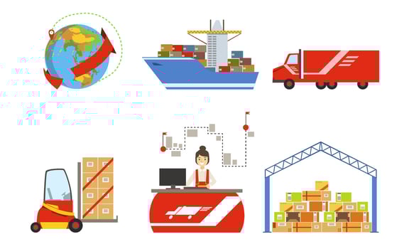 Warehouse, Cargo Transportation, Logistics and Distribution Set, Forklift, Truck, Ship, Warehouse Building Illustration vector