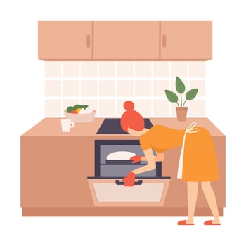 Woman opened the oven and looks at the dough. illustration. vector