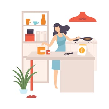 Woman is cooking in a pan. illustration. vector