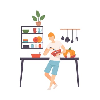 Man with a whisk and a bowl in his hands in the kitchen. illustration. vector
