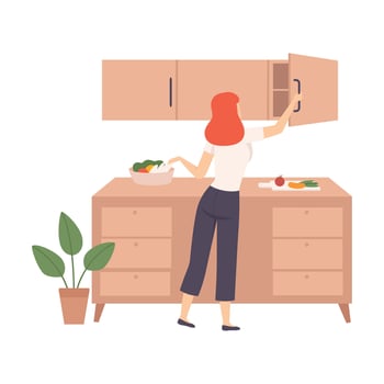 Woman open top drawer in the kitchen. illustration. vector