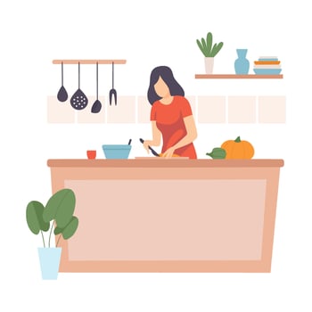 Woman cuts vegetables in the kitchen. illustration. vector