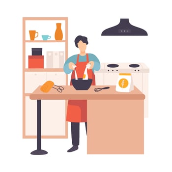 Man breaks an egg in a bowl in a modern kitchen. illustration. vector