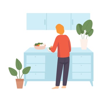 Person cuts vegetables in a blue kitchen. The view from the back. illustration. vector