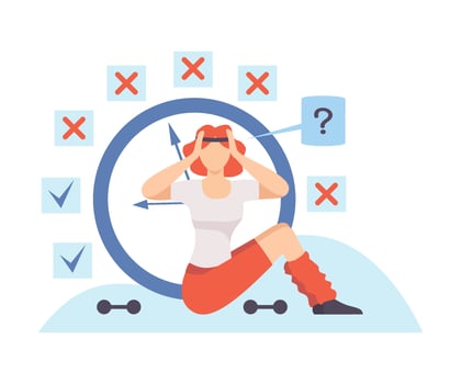 Woman in sportswear is sitting and holding on to her head. illustration. vector
