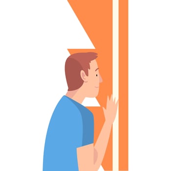 Young Man Holding and Organizing Abstract Geometric Shapes Illustration vector