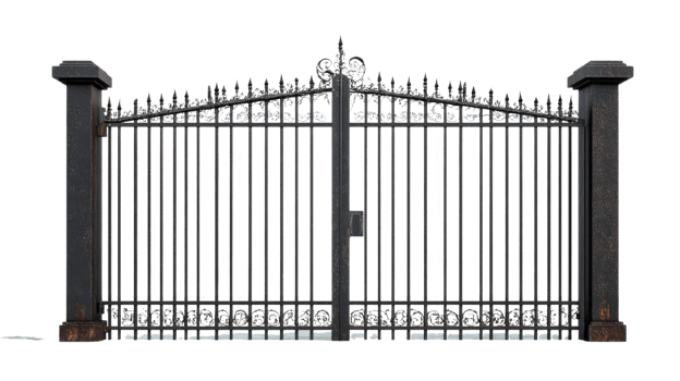 Ornate Black Metal Gate with Decorative Pillars png