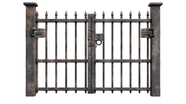 Rusted Metal Gate With Spiked Top And Hinges png