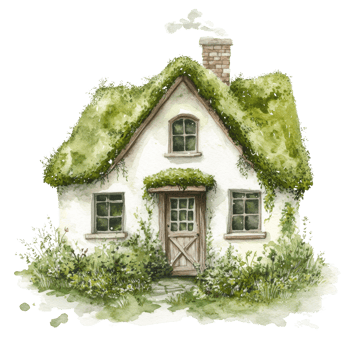 A charming cottage covered in green moss and plants png