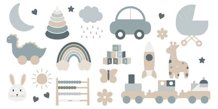 Newborn Accessory Collection. kids Nursery toys. Child items set in pastel colors vector