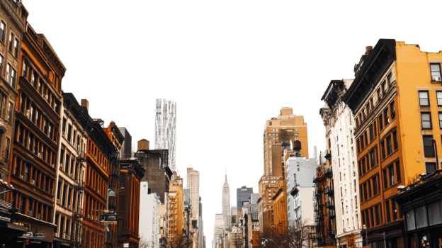 Cityscape showcasing tall buildings and brownstone architecture png