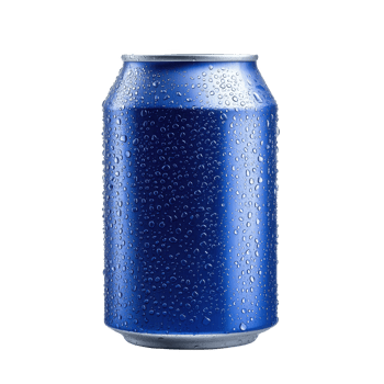 Close-up of a cold, refreshing blue soda can with droplets of water. png