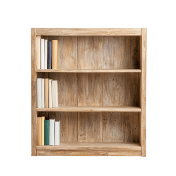 A rustic wooden bookshelf with empty shelves ready for books and decorations. png