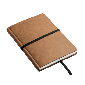 A simple brown notebook with a black elastic band, perfect for notes and sketches. png