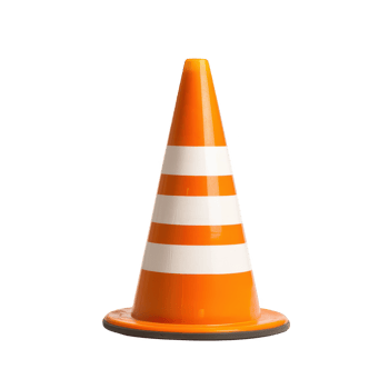 An orange traffic cone with white stripes, marked for road safety and diversion. png