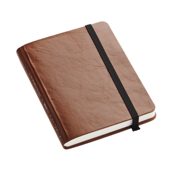 A stylish brown leather notebook with a black elastic band, perfect for jotting notes. png