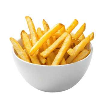 Delicious golden French fries served in a white bowl, perfect for any meal or snack. png