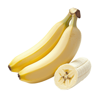 Fresh bananas and a sliced banana showcasing their bright color and appealing texture. png