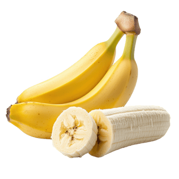 Fresh bananas, both whole and sliced, showcasing their vibrant yellow peel and creamy flesh. png