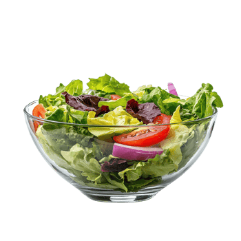 Fresh and colorful salad with a mix of greens and vegetables in a clear glass bowl. png