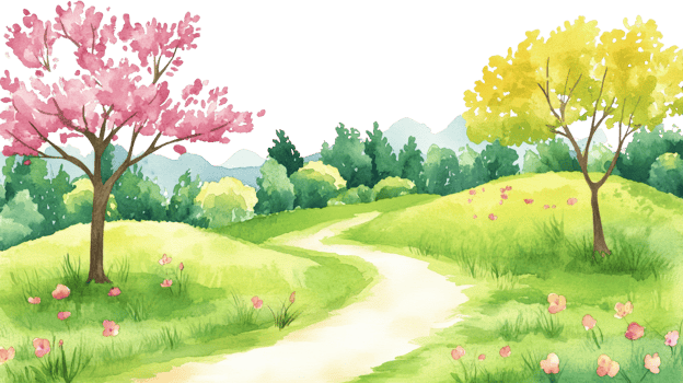 Watercolor Landscape Featuring Pink and Yellow Trees png