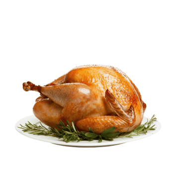 Roasted chicken on a plate garnished with fresh herbs, perfect for any meal occasion. png