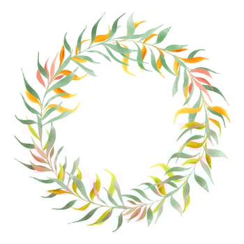 Watercolor green, orange leaf branches wreath isolated background. Abstract holiday foliage illustration with empty space for text. Round floral frame for greeting cards, invitation, kid birthday vector